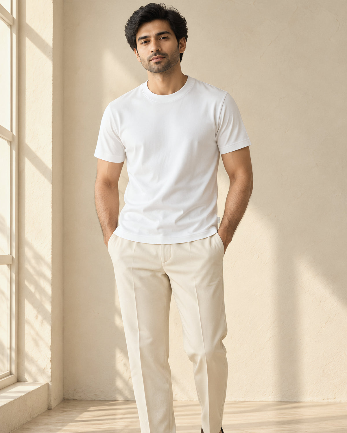 the signature tee in white, worn, front view