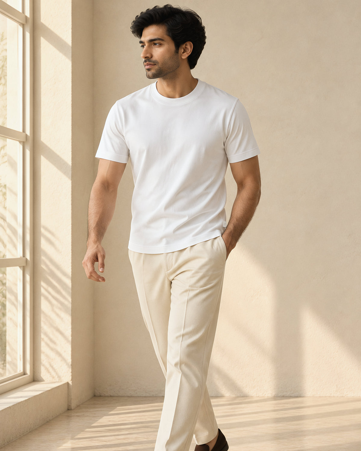 the signature tee in white, walking by the window